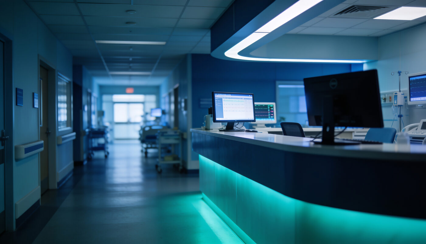 Acute-care hospital nurses' station with clinical monitors