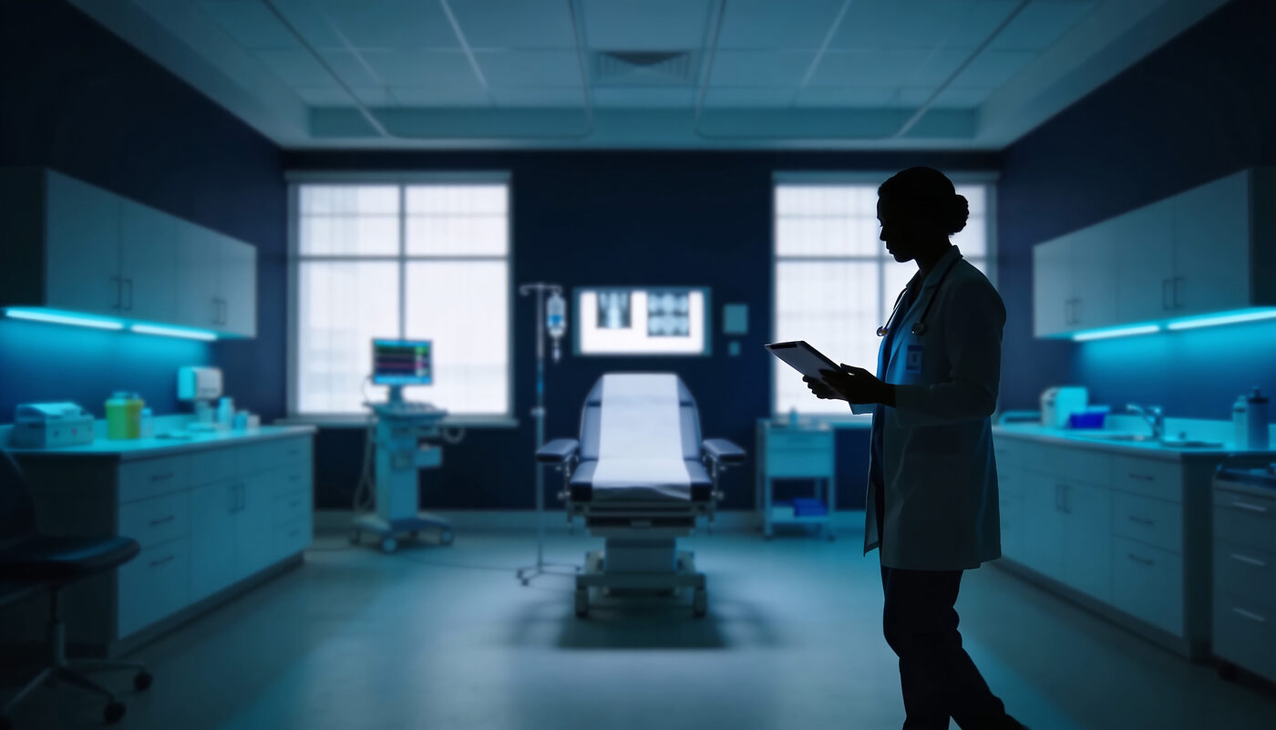 Ambulatory outpatient clinic exam room with clinician
