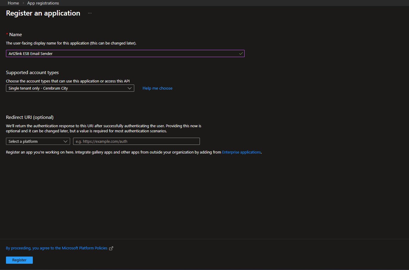 Register an application form with name and single tenant selected