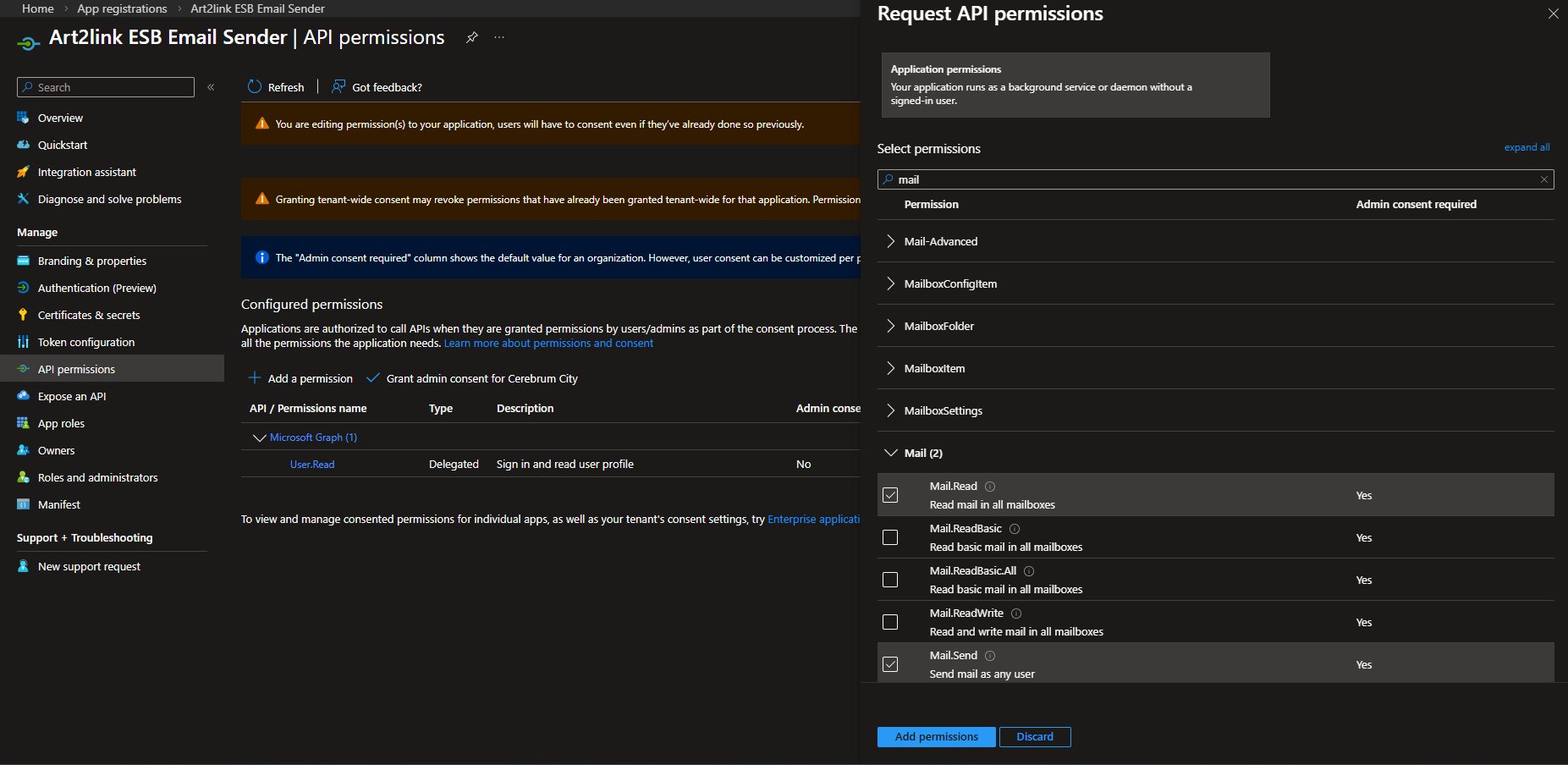Request API permissions panel with Mail.Read and Mail.Send checked