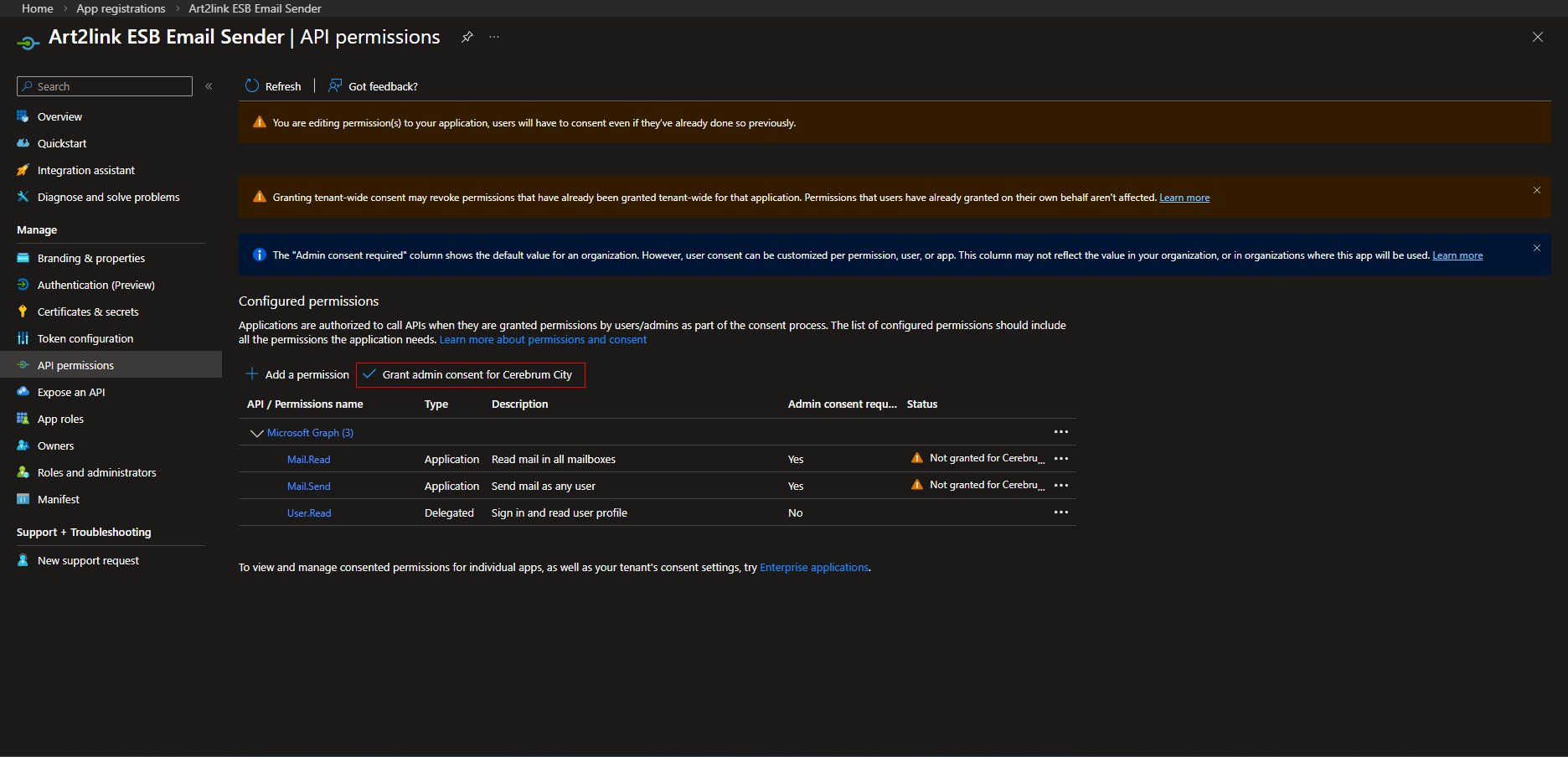 API permissions page showing Grant admin consent button highlighted