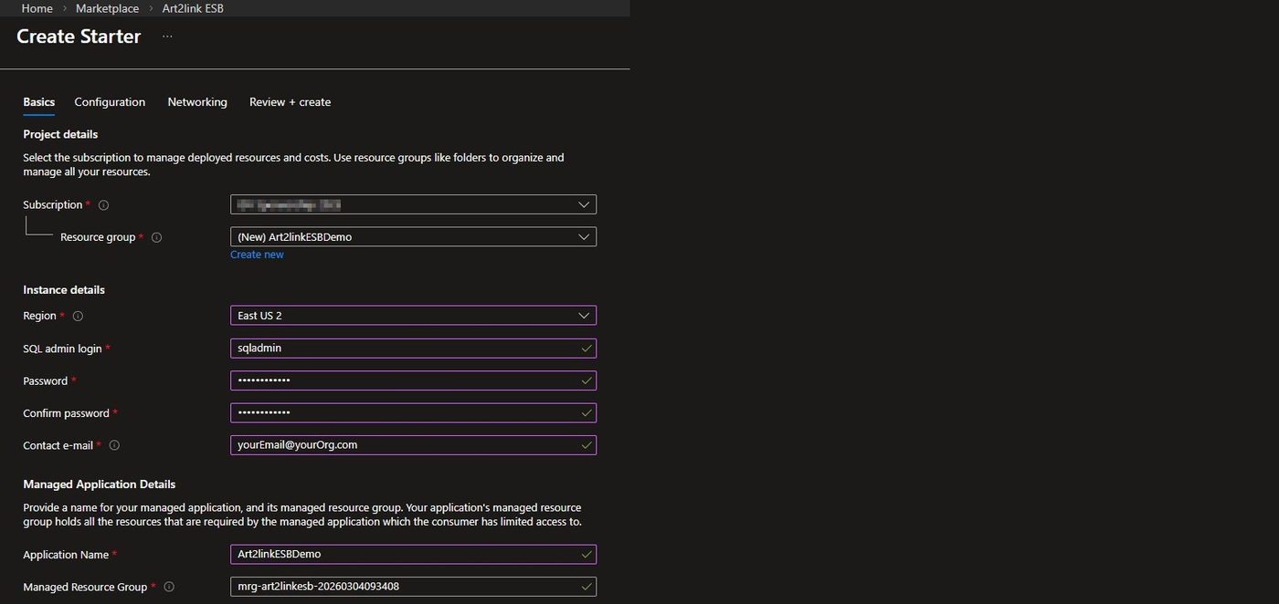 Azure Marketplace — Create Starter Basics configuration form