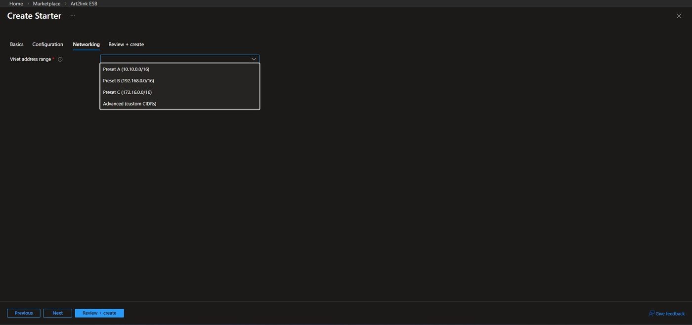 Azure Marketplace — Networking tab showing VNet address range options